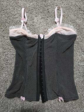 Glamour Lingerie M Black Pink Polka Dot Corset Bustier Bow Trim